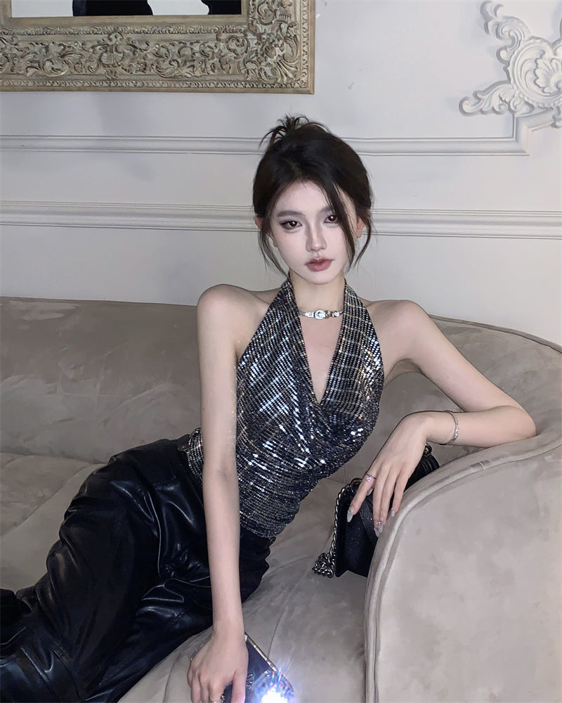 Antmvs Pamela Black & Silver Sequin Halter Neck Shiny Cropped Top