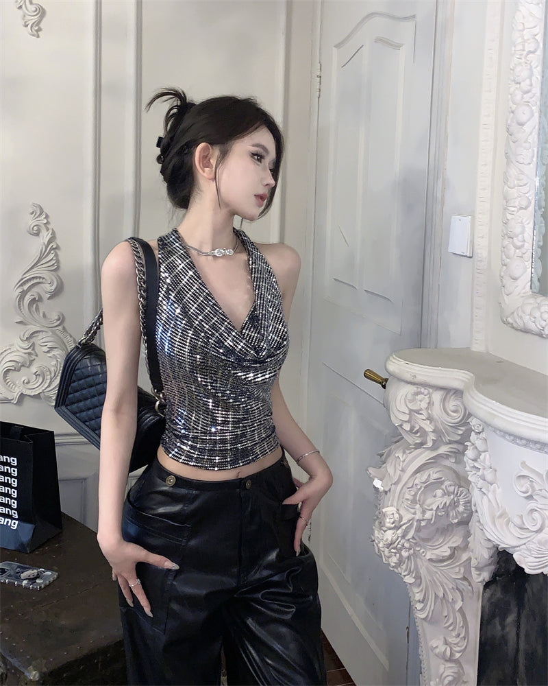 Antmvs Pamela Black & Silver Sequin Halter Neck Shiny Cropped Top