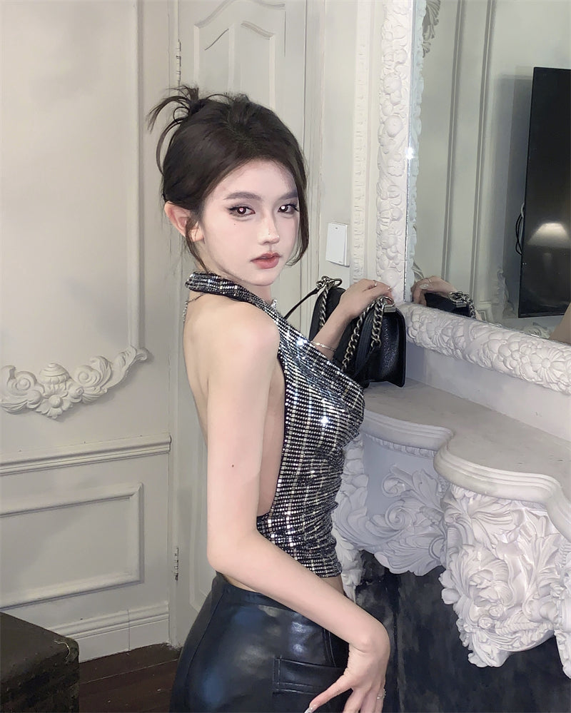 Antmvs Pamela Black & Silver Sequin Halter Neck Shiny Cropped Top