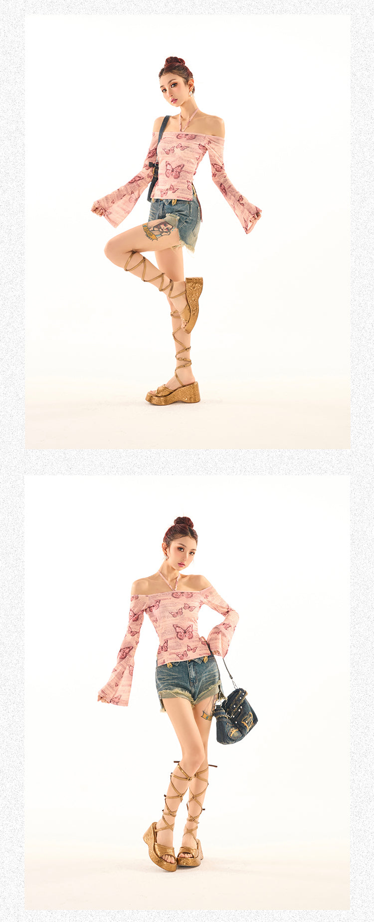 Antmvs Maribella Pink Butterfly Print Long Bell Sleeve Off-the-Shoulder Slim Cropped Top
