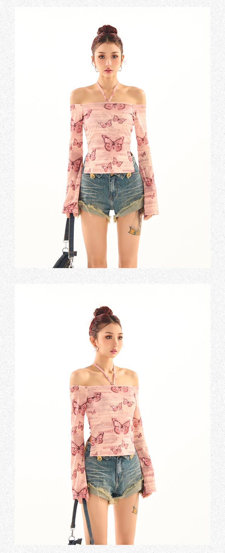 Antmvs Maribella Pink Butterfly Print Long Bell Sleeve Off-the-Shoulder Slim Cropped Top