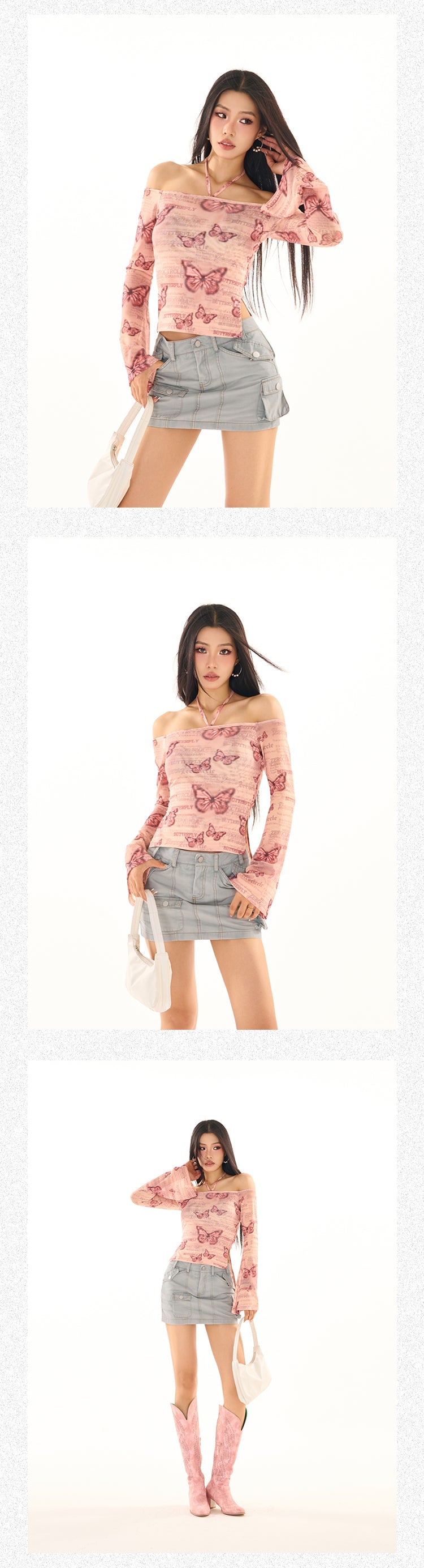 Antmvs Maribella Pink Butterfly Print Long Bell Sleeve Off-the-Shoulder Slim Cropped Top