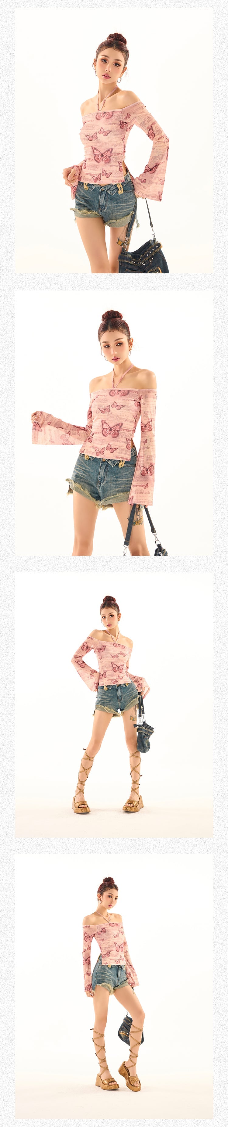 Antmvs Maribella Pink Butterfly Print Long Bell Sleeve Off-the-Shoulder Slim Cropped Top