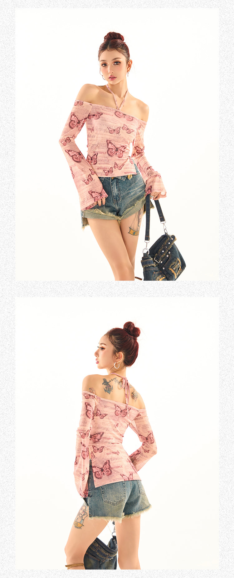 Antmvs Maribella Pink Butterfly Print Long Bell Sleeve Off-the-Shoulder Slim Cropped Top