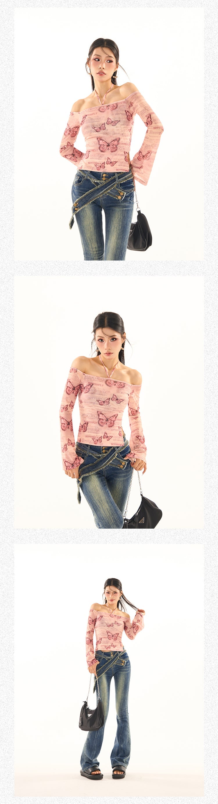 Antmvs Maribella Pink Butterfly Print Long Bell Sleeve Off-the-Shoulder Slim Cropped Top