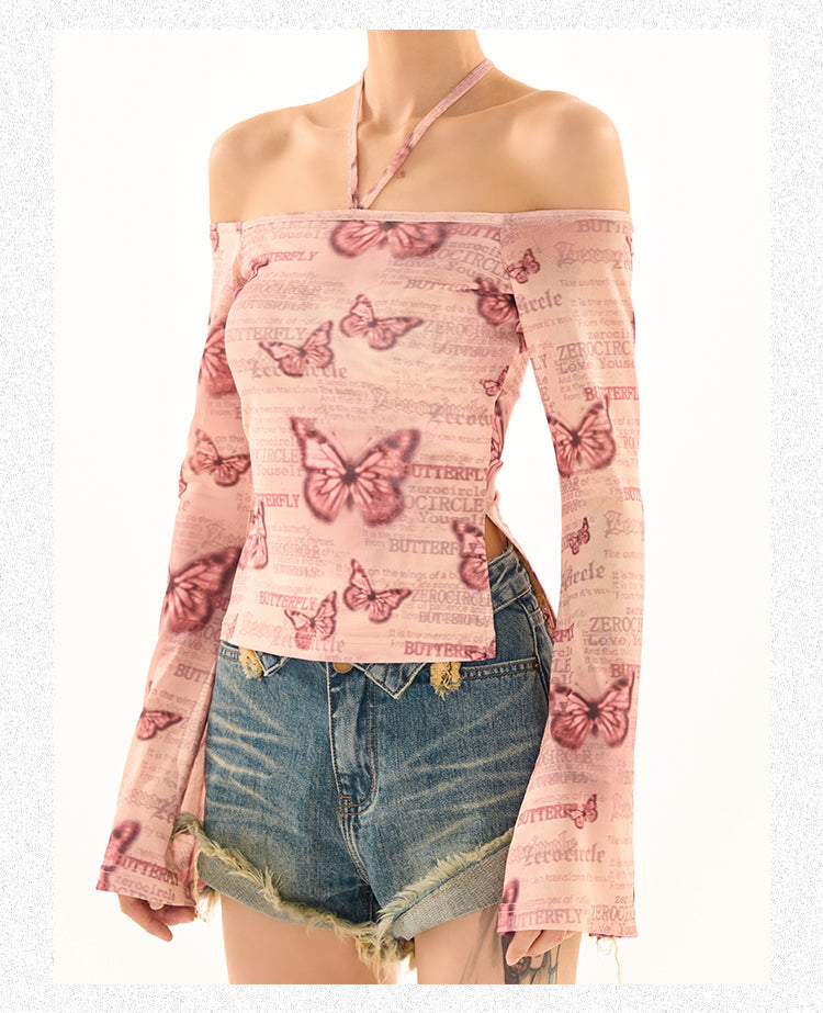 Antmvs Maribella Pink Butterfly Print Long Bell Sleeve Off-the-Shoulder Slim Cropped Top