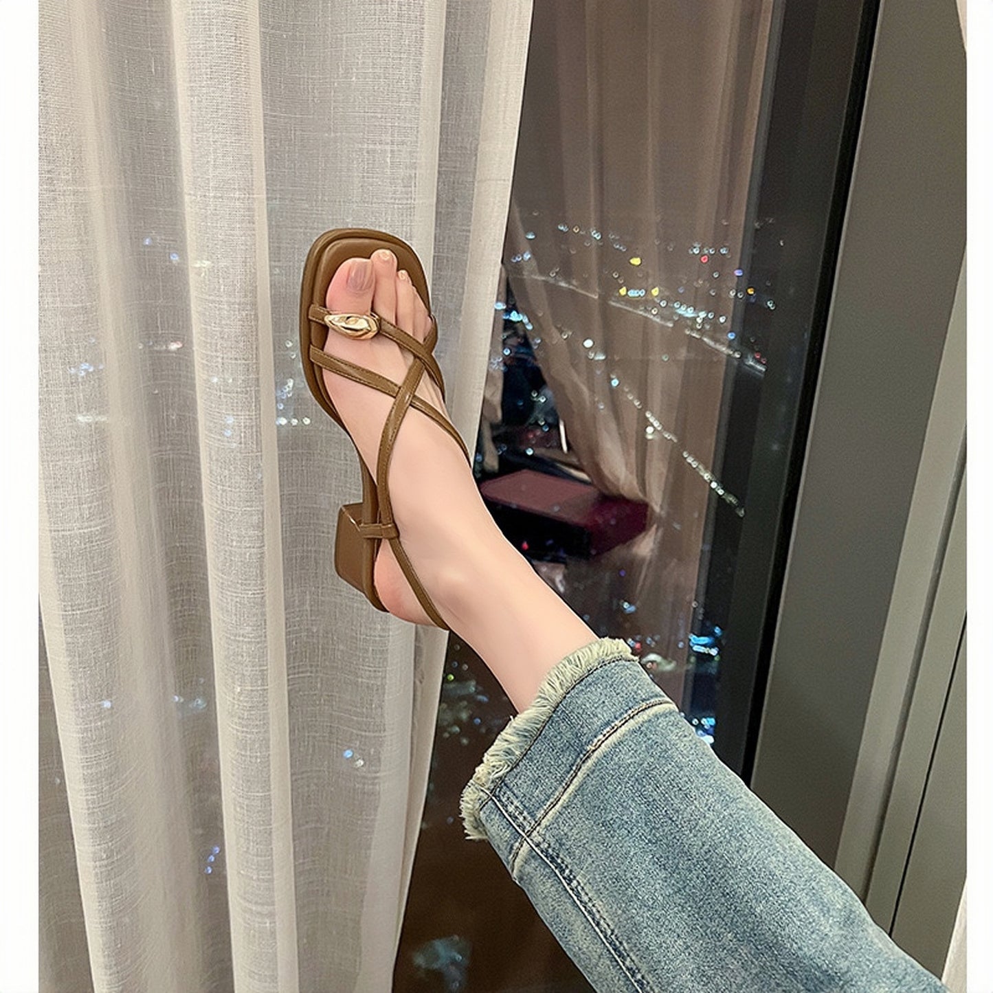 ANTMVS Sheepskin Chunky Heel Flip-Flops for Women Summer New Ankle-Strap Open Toe Roman Shoes