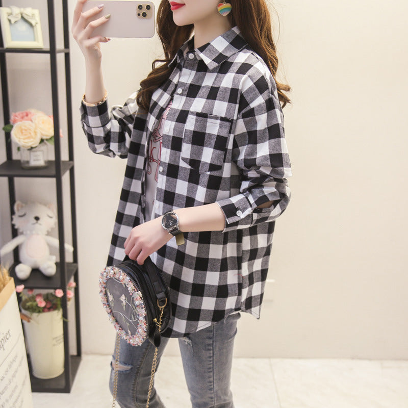 ANTMVS Plaid Shirt Women's Loose Long Sleeve Spring and Autumn Style Versatile Casual Student Spring and Autumn plus Size Korean Style Shirt Coat Cotton