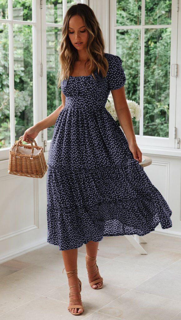 ANTMVS European and American New Wish Hot Square Collar Puff Sleeve Floral Dress Dress