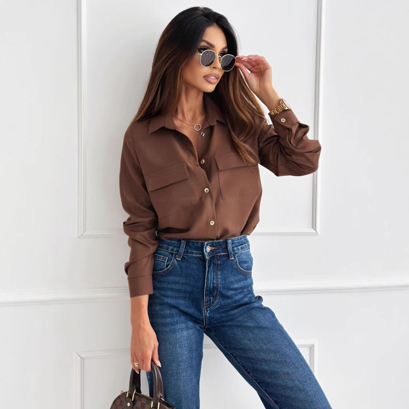 Popular trade women's clothing spring new solid color elbow-sleeved single-breasted shirt long-sleeved shirt