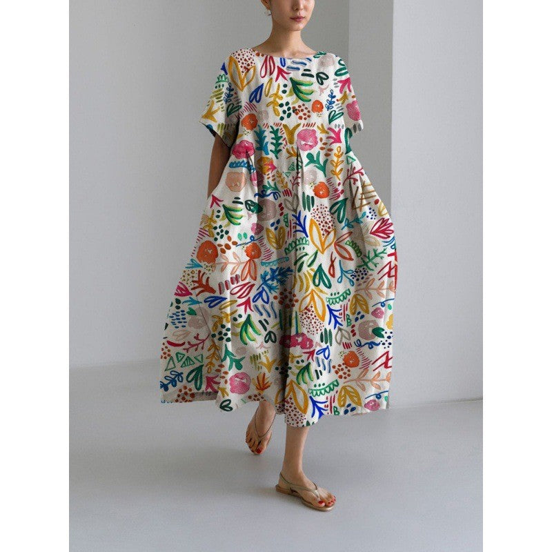ANTMVS Cross-Border Summer New European and American Women's Clothing Loose round Neck Fashion Advanced Short Sleeve 3D Printing Dress