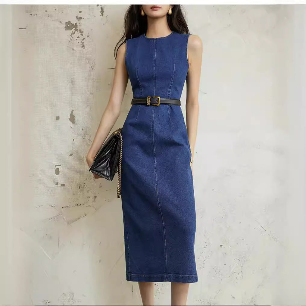 2025 Popularan Station Crew Neck Sleeveless Slim Hip Wrap Denim Dress Spring and Summer New Medium and Long Dress