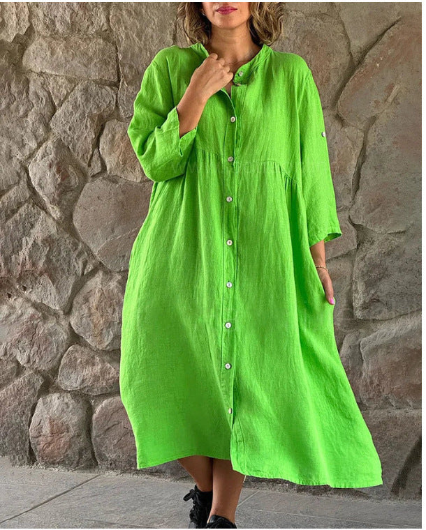 ANTMVS Cross-Border Women's Clothing New Cotton and Linen European and American Solid Color Casual Button Length Dress Wholesale