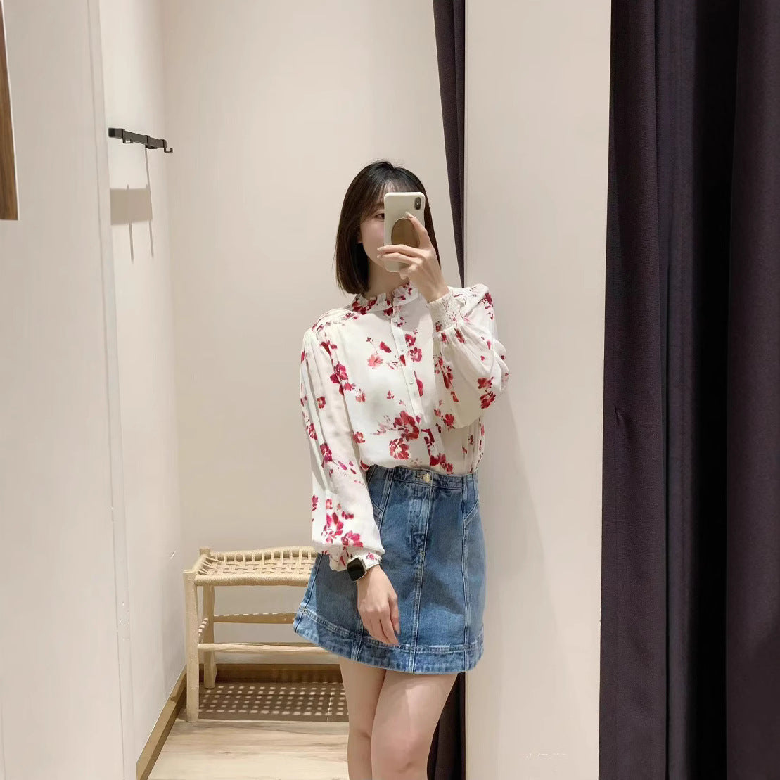2025 BA Long Sleeve New Top Twin Rose Print Front Shoulder Fungus Front Buckle Chiffon Shirt