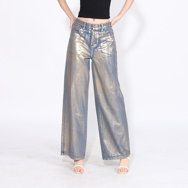 Spring 2025 European and American Fashion New Style Trendy Unique Design Bronzing High Waist Loose Wide Legs Casual Jeans for Women