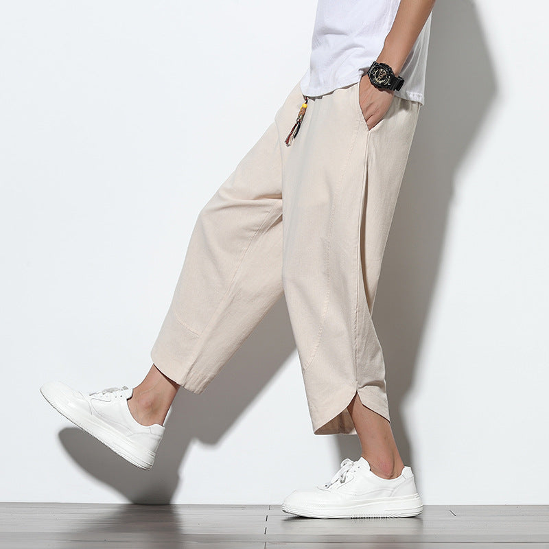 ANTMVS Summer Ice Silk Cropped Pants Men's Chinese Style Cotton Linen Casual Pants Trendy plus Size Loose Wide-Leg Knickerbockers Men