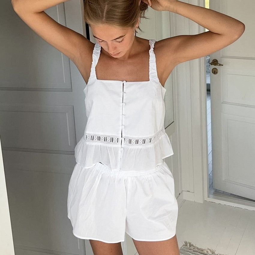 2025 White pure desire wind suspender lace top shorts set spring and summer fashion new wholesale two-piece set