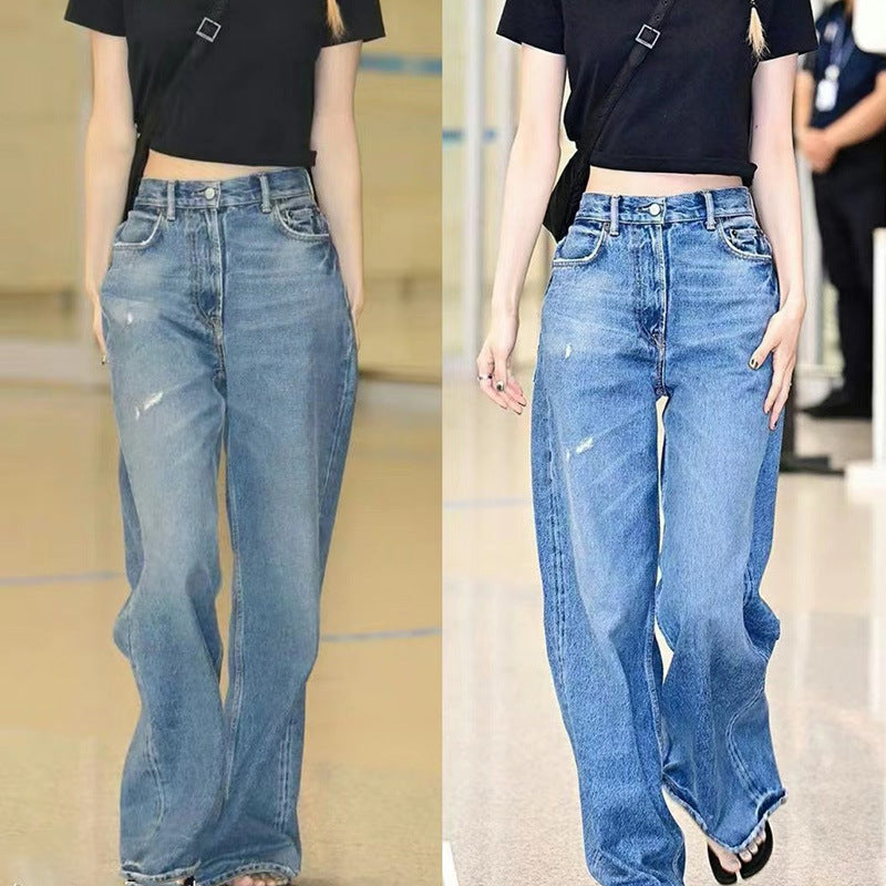 Nanyou Shukou Factory 2025 Autumn and Winter New Ac Style Star Same Style N Blue Wide Leg Straight Denim Trousers for Women