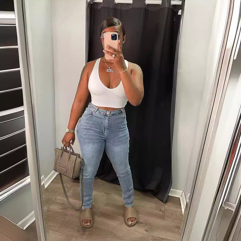 Sk511000 New Europe and America Cross Border Women's Back Waist Hollow Sexy Stretch Jeans