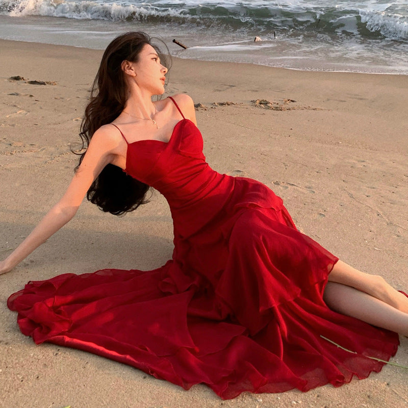 2025 Beautiful red skirt seaside vacation big skirt waist dress women's ruffle edge suspender beach dress