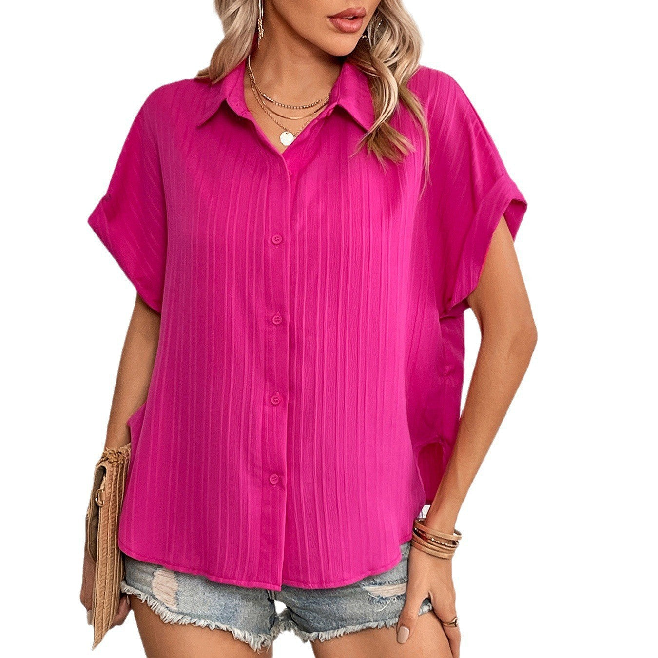 New Popular trade women's clothing spring and summer casual loose V-neck button-down shirt solid color short-sleeved shirt top