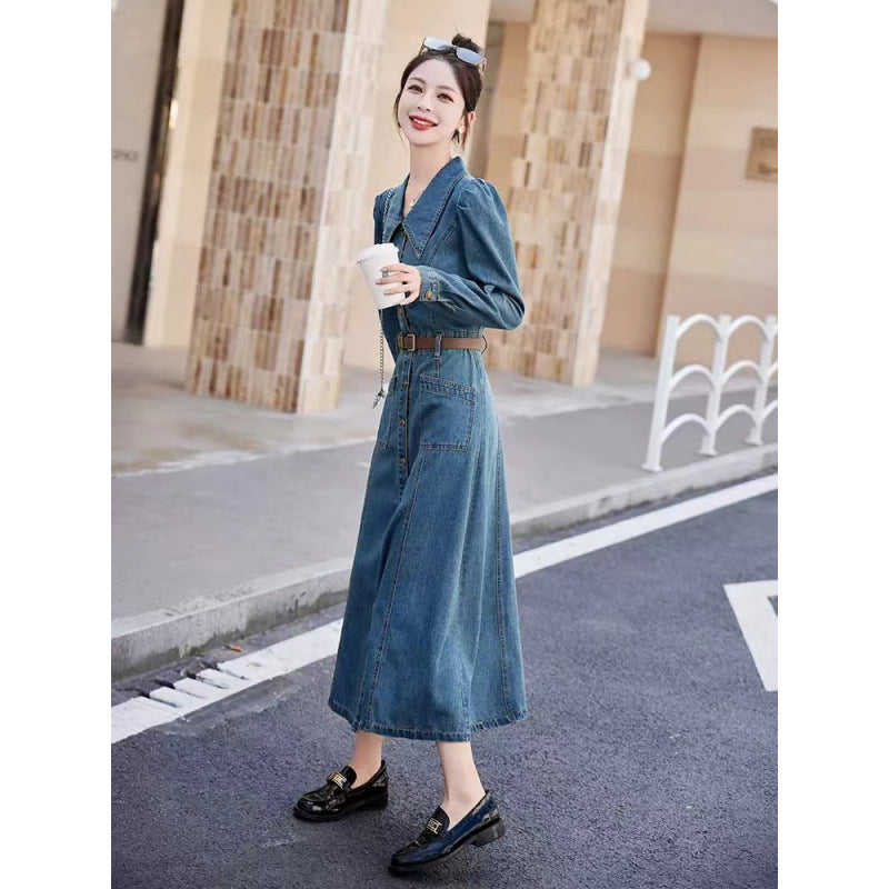 2025 Hong Kong-style retro shawl denim dress women's early autumn new niche chic waist thin medium and long skirt