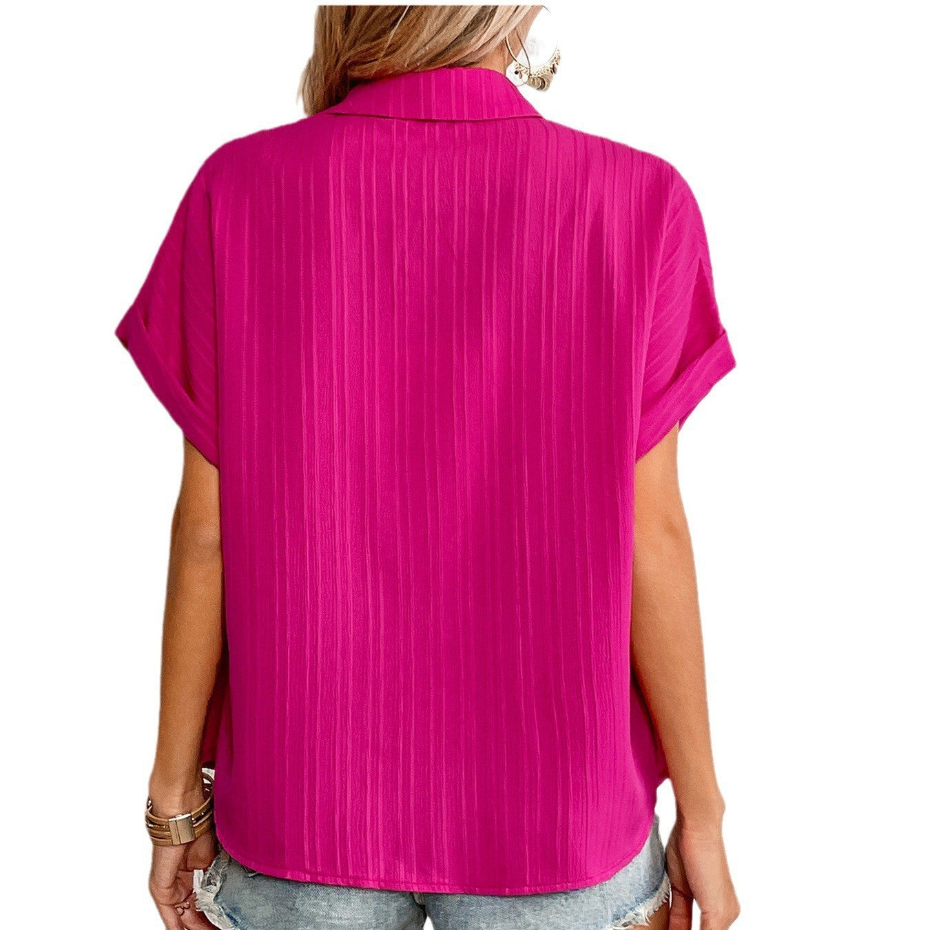New Popular trade women's clothing spring and summer casual loose V-neck button-down shirt solid color short-sleeved shirt top