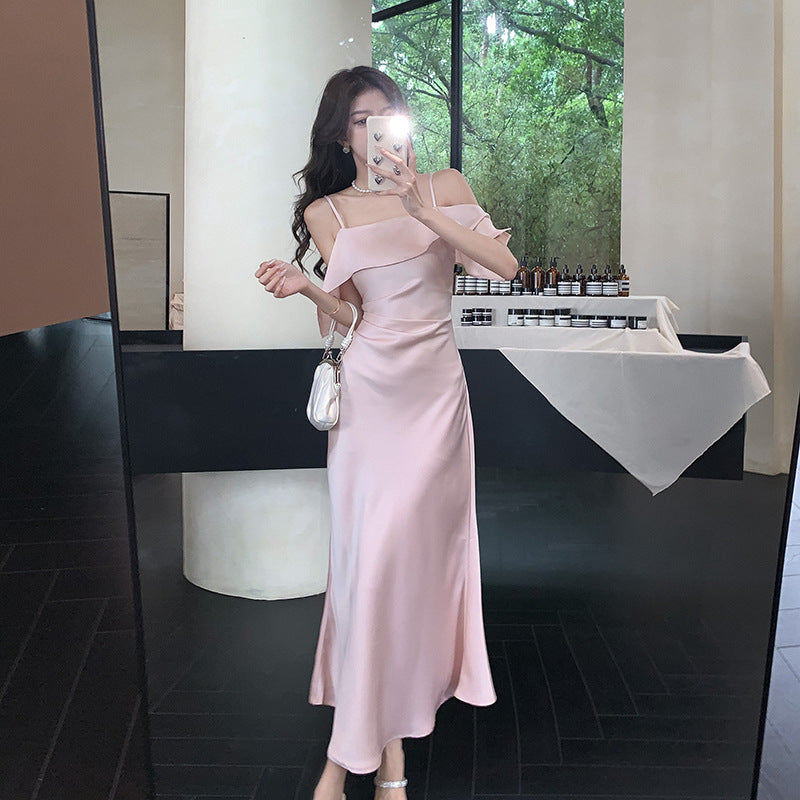 2025 spring and summer suspender one-word shoulder satin suspender dress women's pleated waist and thin fishtail dress