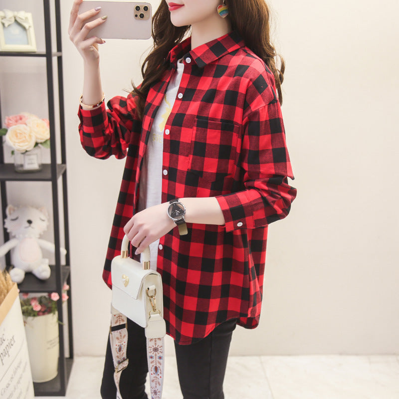 ANTMVS Plaid Shirt Women's Loose Long Sleeve Spring and Autumn Style Versatile Casual Student Spring and Autumn plus Size Korean Style Shirt Coat Cotton
