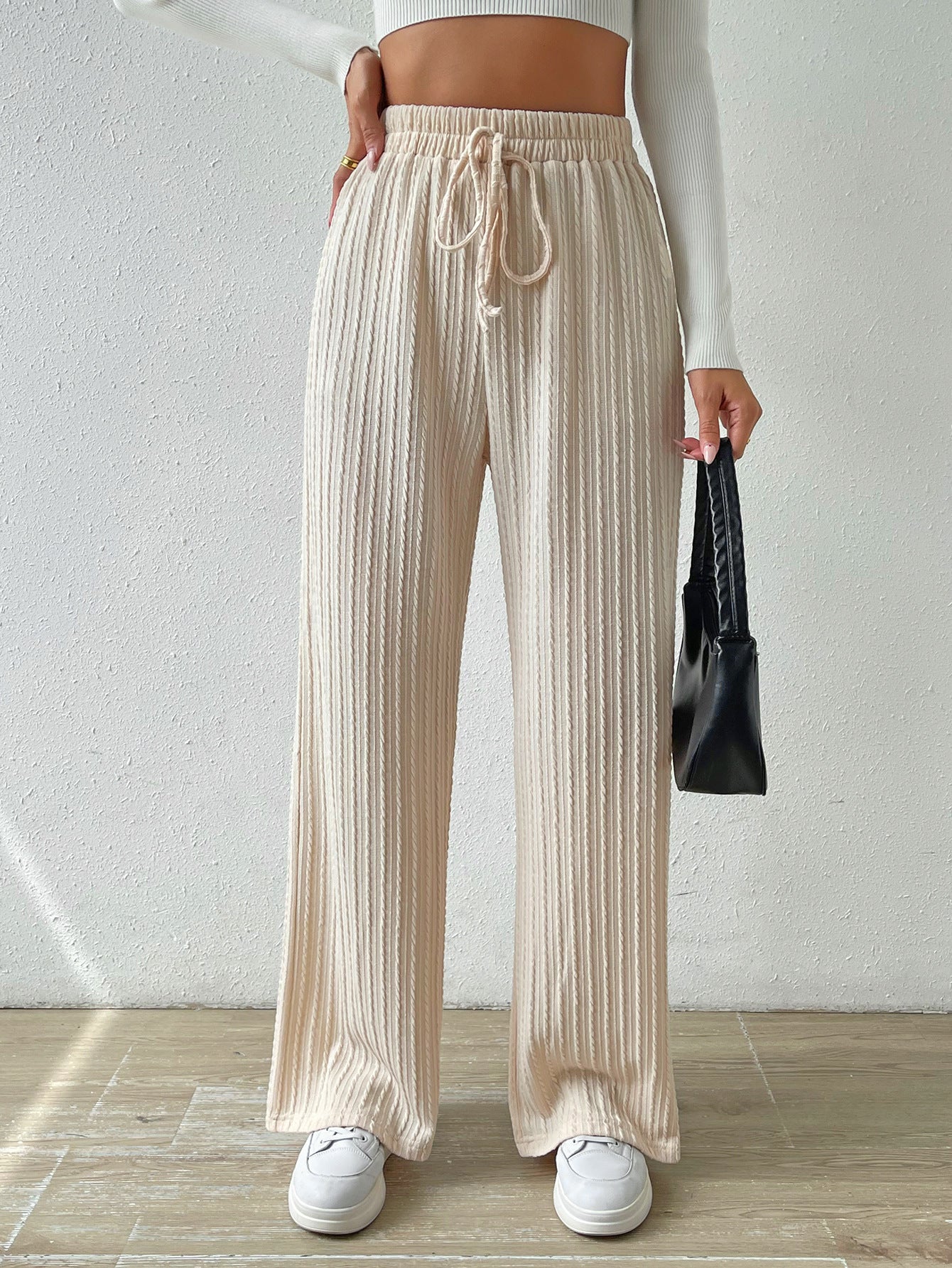 Antmvs HOTan and NEWn New Knot Waist Texture Knitted Wide Leg Trousers Elastic High Waist Pure Color Casual Loose Straight Women's Clothing