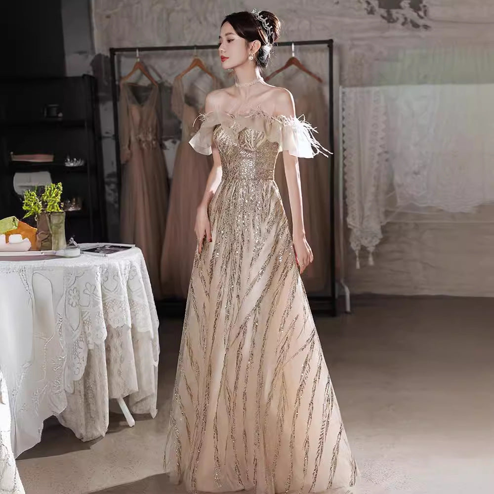 Evening Dress for Women New High Sense Banquet Performance Birthday Champagne Light Luxury Minority Host Dress