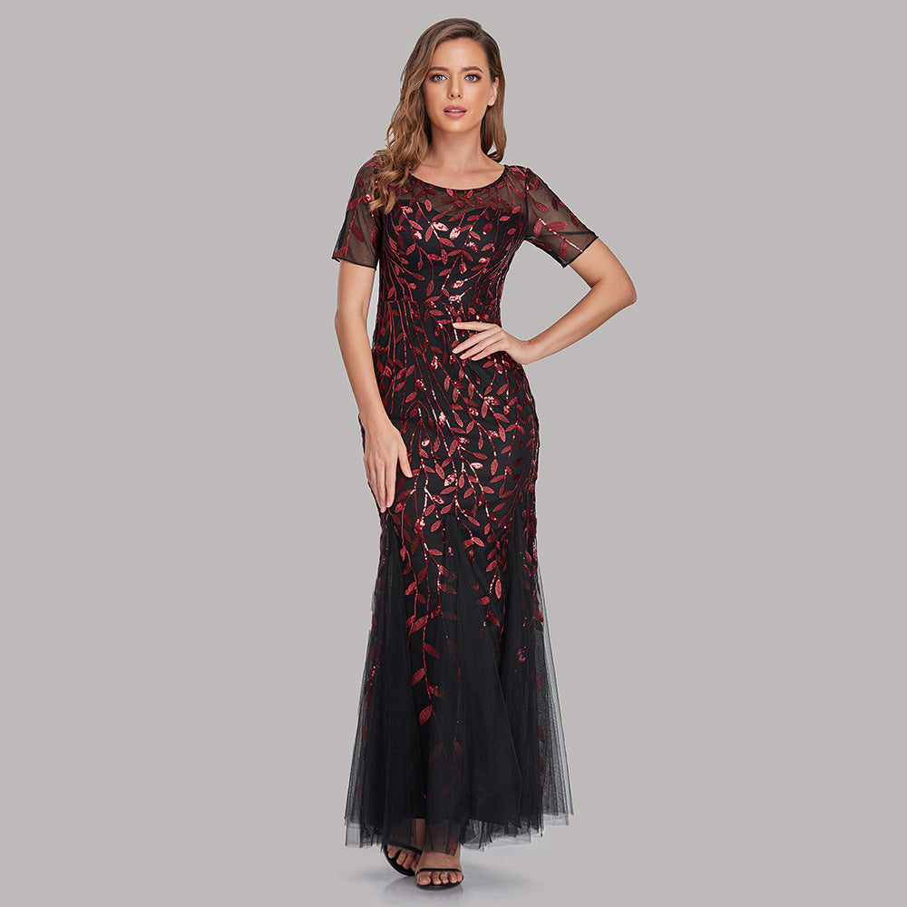 ANTMVS Spring and Summer Cross-Border Banquet Host European and American Slim Mesh Sequins Evening Dress Fishtail Dress Women