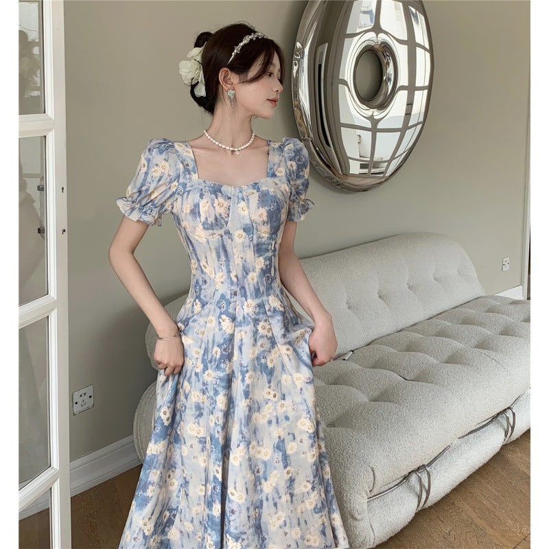 2025 square collar blue oil painting floral dress women summer waist thin Internet celebrity explosion first love dress