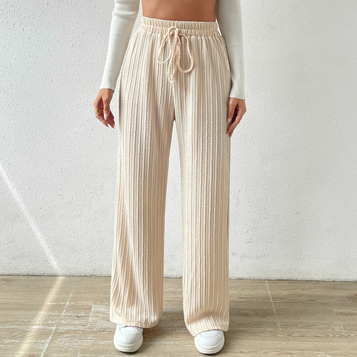 Antmvs HOTan and NEWn New Knot Waist Texture Knitted Wide Leg Trousers Elastic High Waist Pure Color Casual Loose Straight Women's Clothing
