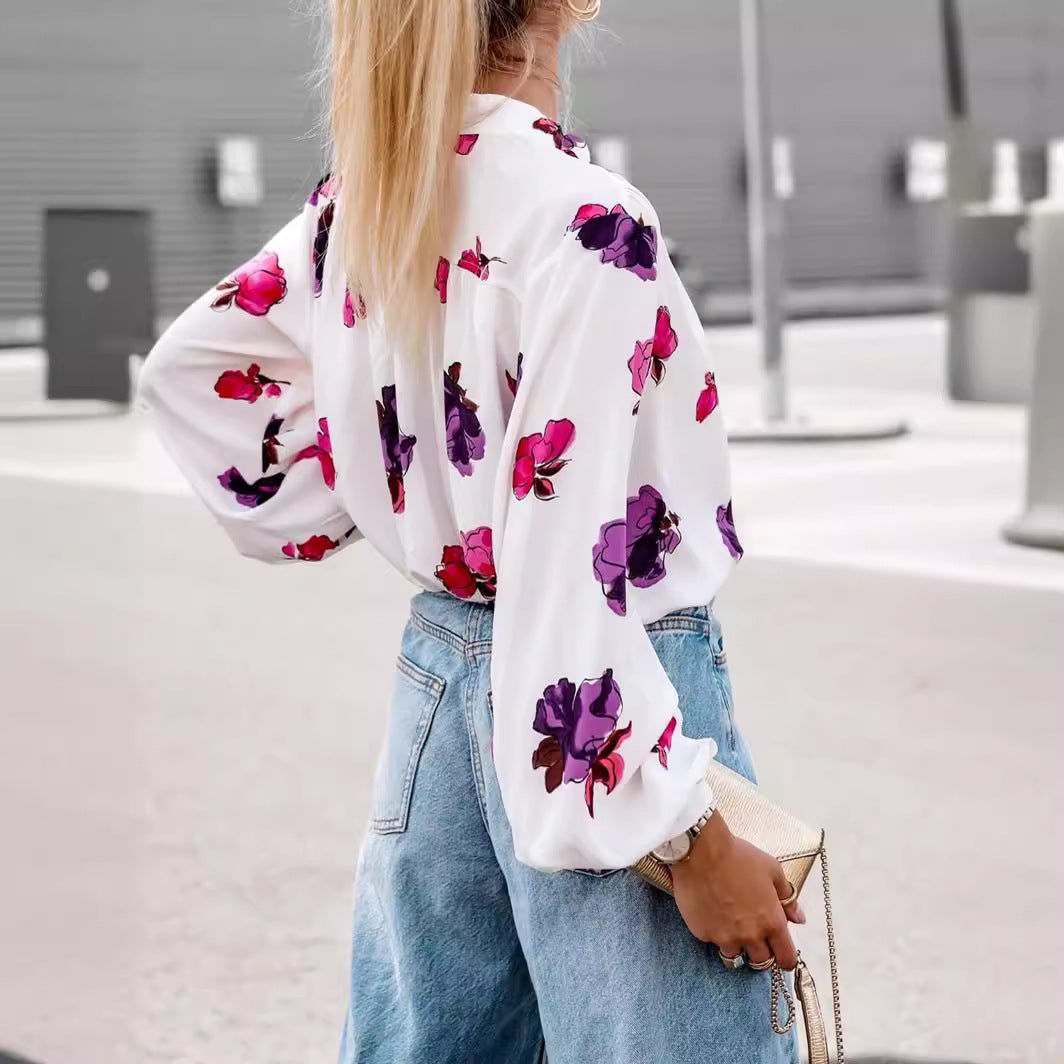 Popular trade Popular and Autumn Lantern Sleeve Casual Shirt Printed Long Sleeve Shirt Women