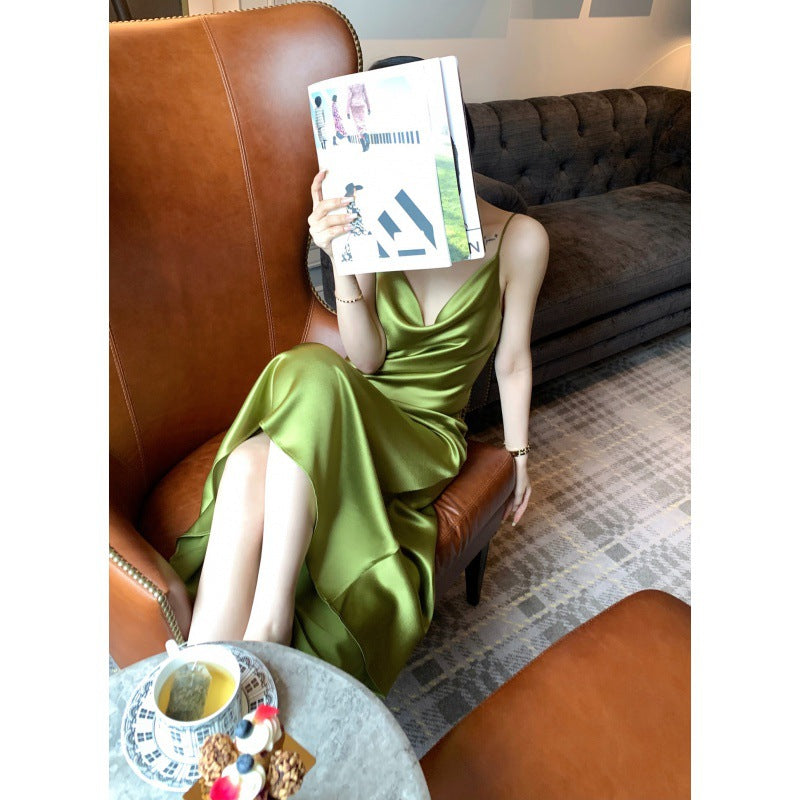 2025 Dangling neck acetic acid suspender skirt temperament acetic acid satin swinging neck sexy suspender dress women's summer
