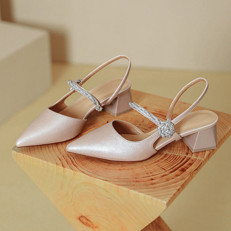 ANTMVS Closed Toe Sandals for Women New Summer Style Mary Jane Shoes Chunky Heel Silver Word with Pointed Toe High Heels