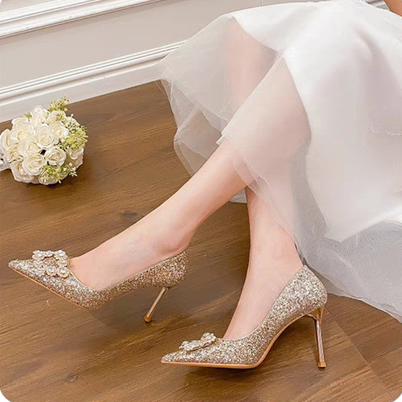 ANTMVS Wedding Shoes for Women New Hexiu Main Wedding Dress Not Tired Feet Crystal Champagne Autumn and Winter plus Size High Heels