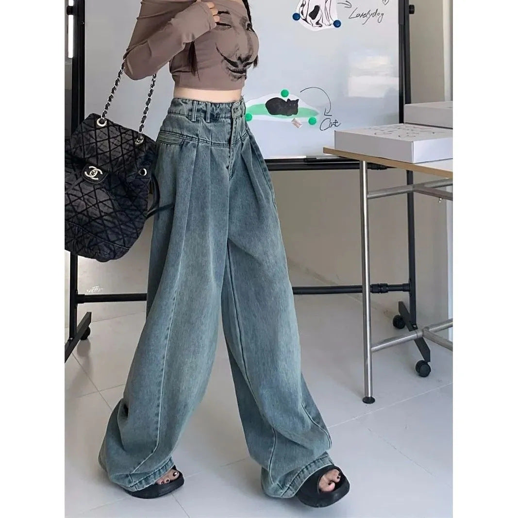 Antmvs Wide-Leg Jeans Women's Autumn Slimming Thick Leg Flab Hiding High Waist Loose Ins Western Style Draping Washed Distressed Pants