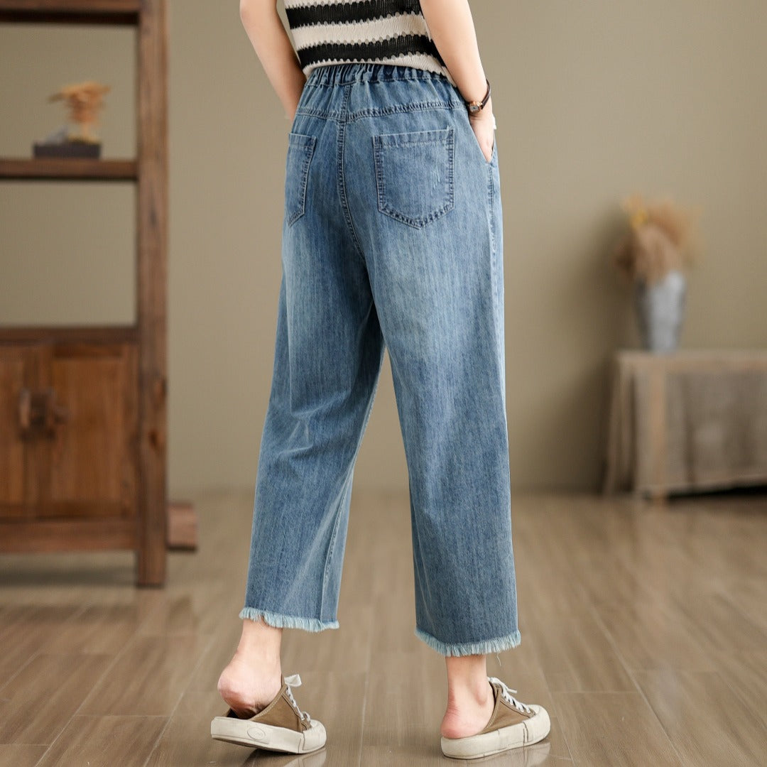 Jeans for Women 2025 Summer New Embroidered Crocheted Brushed High Waist Elastic Wide Leg Trousers All-Matching Trousers for Women