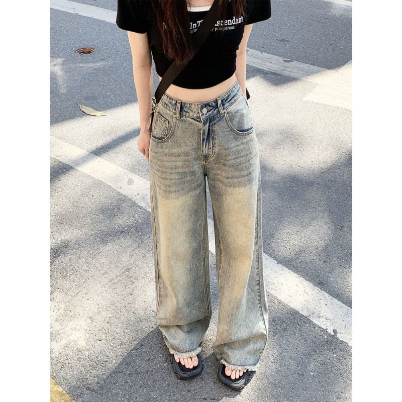 Antmvs Tiktok Same Style Raw Hem Wide Legs Jeans for Women Spring/Summer Loose Straight High Waist Slimming Drape Mop Pants