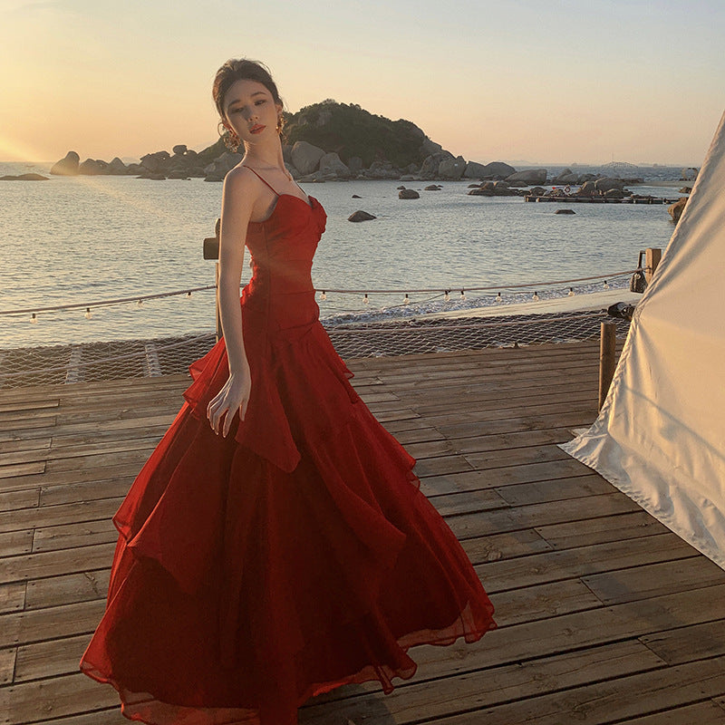 2025 Design sense waist ruffle edge big skirt dress vacation dress seaside long dress atmosphere beach dress elegant