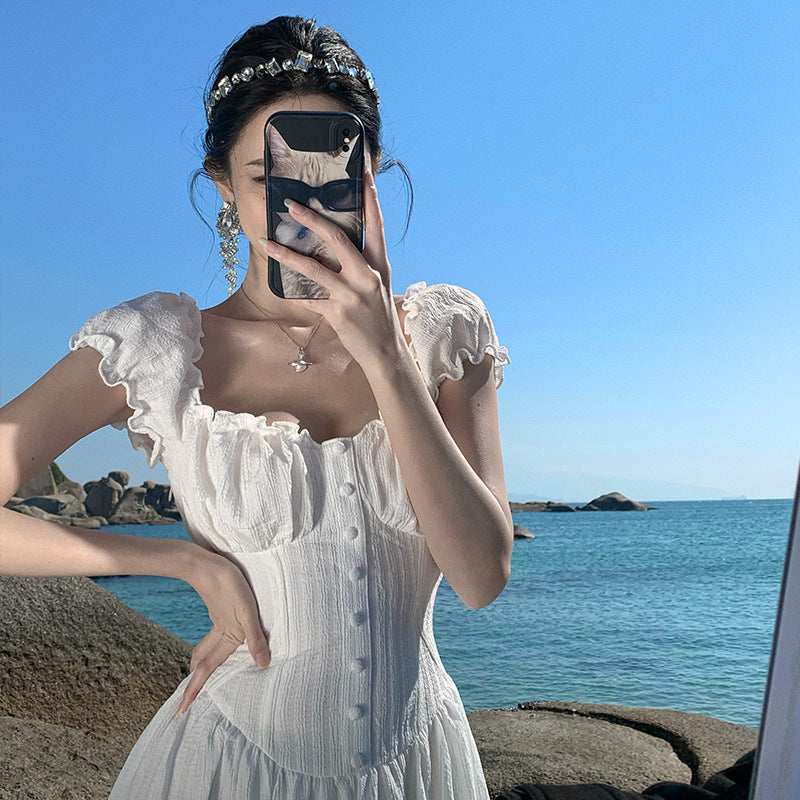 2025 Muse white dress summer atmosphere seaside photo Egyptian vacation style one-word collar halter waist dress