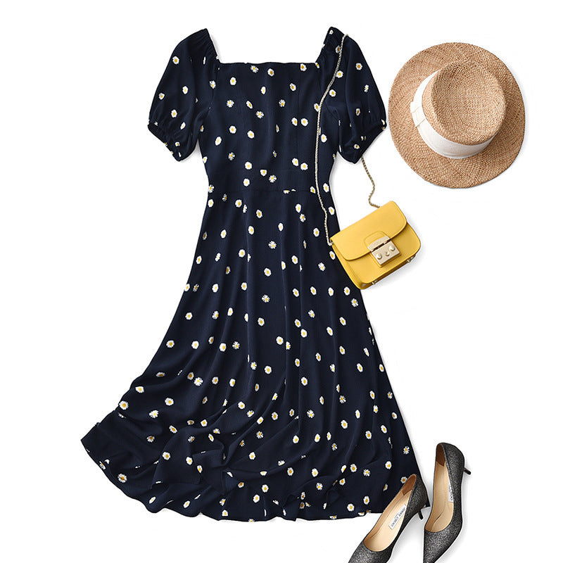 2025 Little Daisy Polka Dot Tea Break Dress Summer New Platycodon Platycodon Long Skirt Women's Square Neck Dress