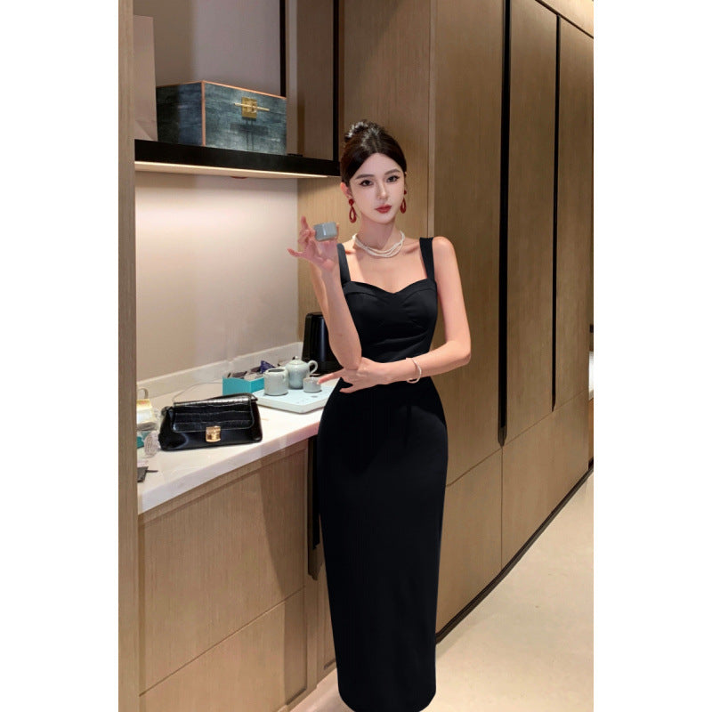 2025 spring new retro elegant square collar velvet red annual meeting engagement waist suspender dress women