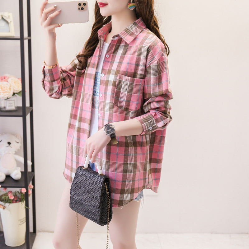 ANTMVS Plaid Shirt Women's Loose Long Sleeve Spring and Autumn Style Versatile Casual Student Spring and Autumn plus Size Korean Style Shirt Coat Cotton