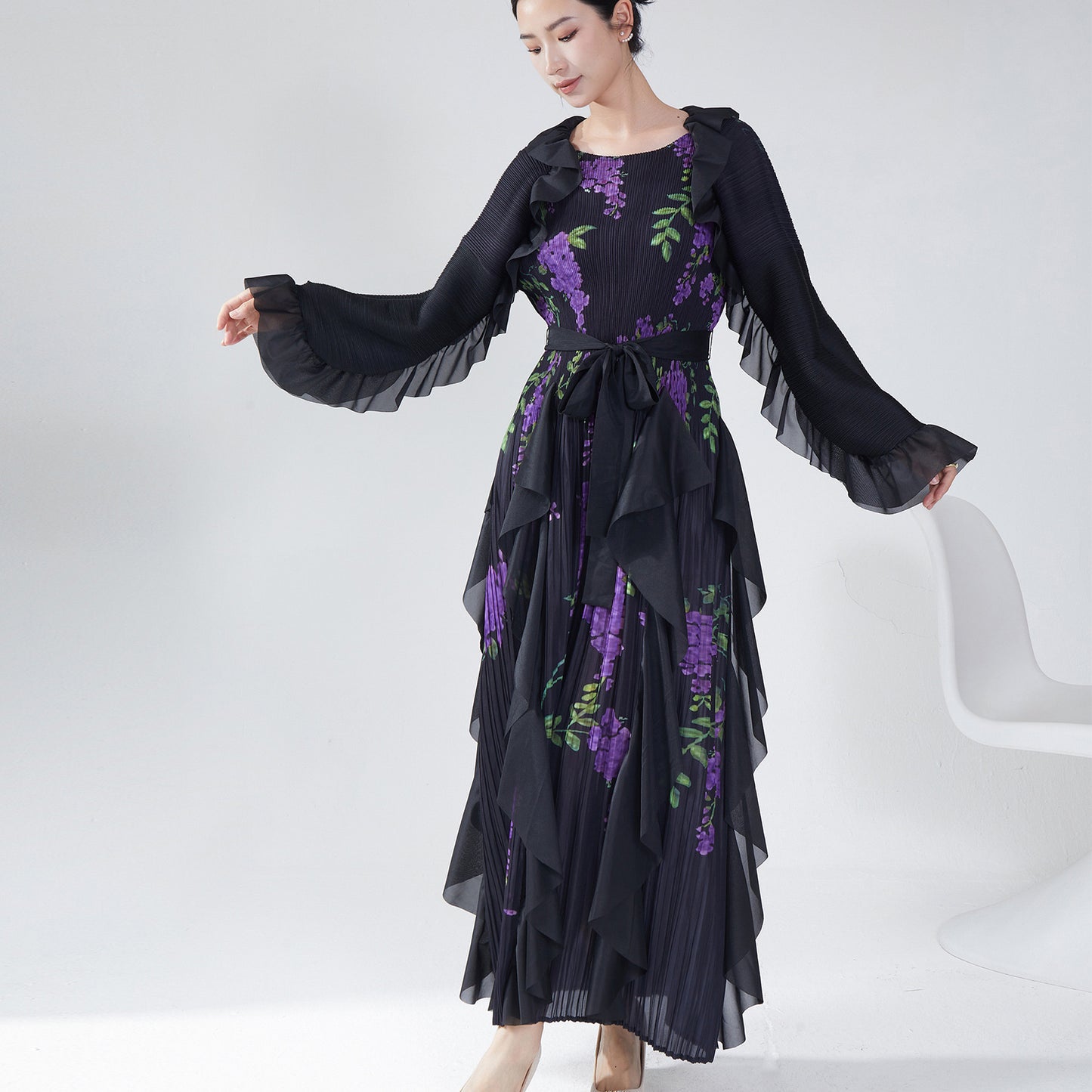 2025 Hot trade Sanzhai autumn dress high-end long-sleeved retro printing loose large size lace-up temperament elegant long dress