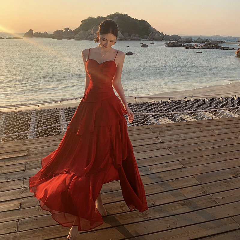 2025 Design sense waist ruffle edge big skirt dress vacation dress seaside long dress atmosphere beach dress elegant