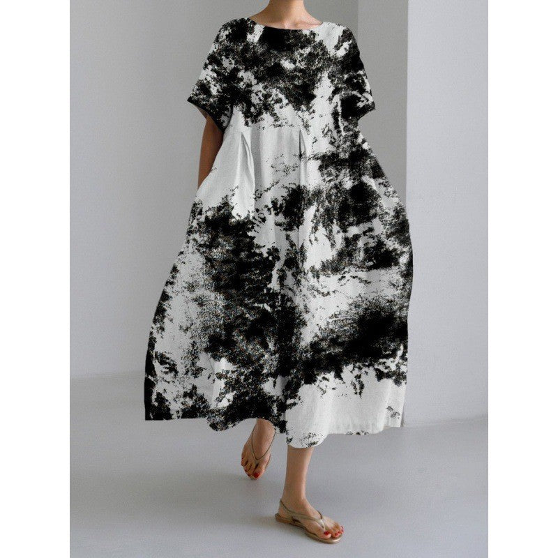 ANTMVS Cross-Border Summer New European and American Women's Clothing Loose round Neck Fashion Advanced Short Sleeve 3D Printing Dress