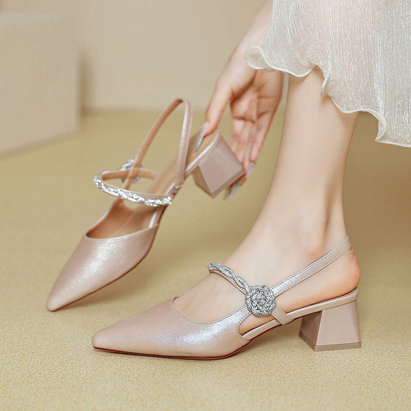 ANTMVS Closed Toe Sandals for Women New Summer Style Mary Jane Shoes Chunky Heel Silver Word with Pointed Toe High Heels